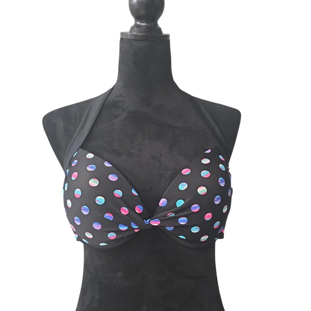Tahiti Womens Large Black Holographic Polka Dot Halter Underwire Bikini Top L